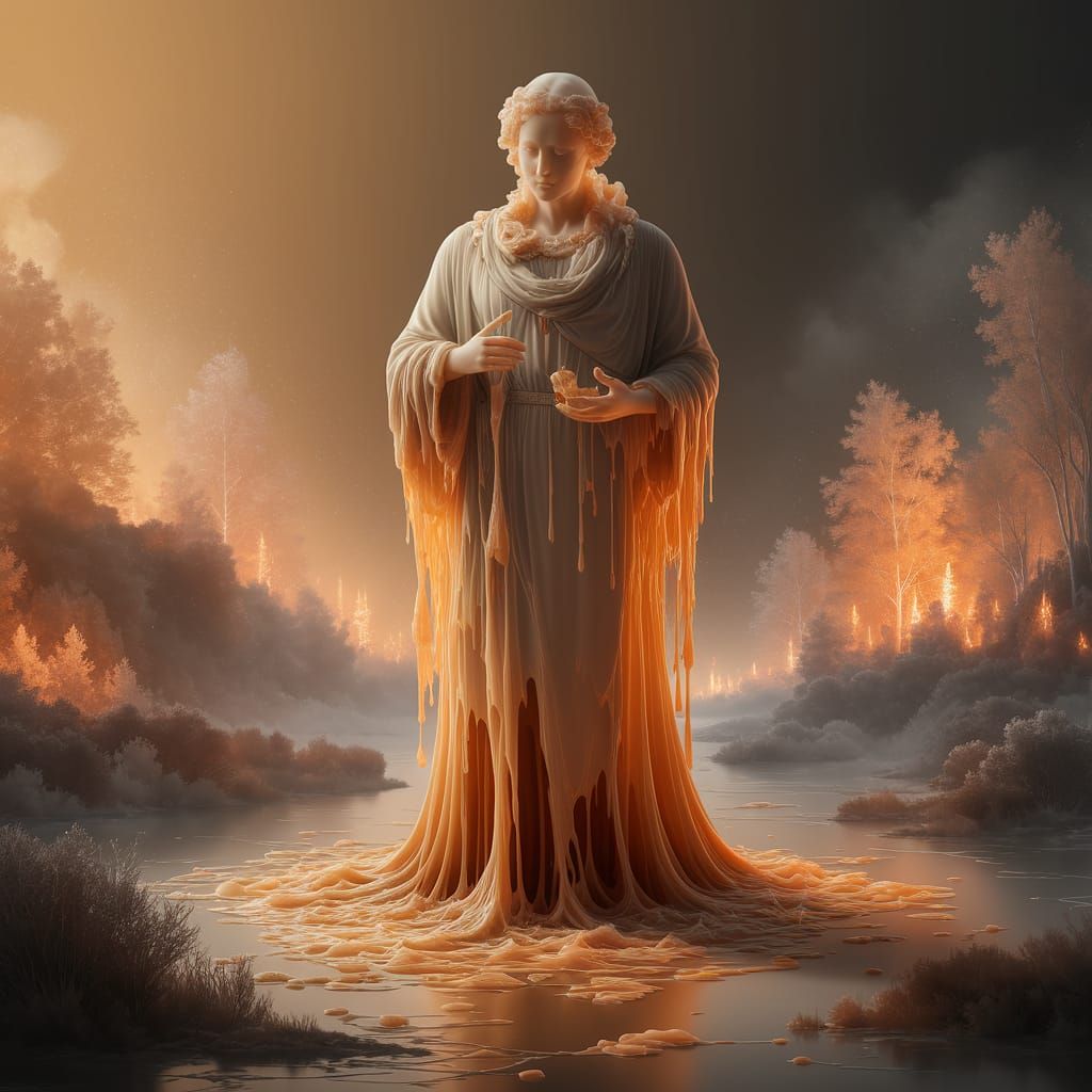 Melting Wax Statue in Ethereal Landscape