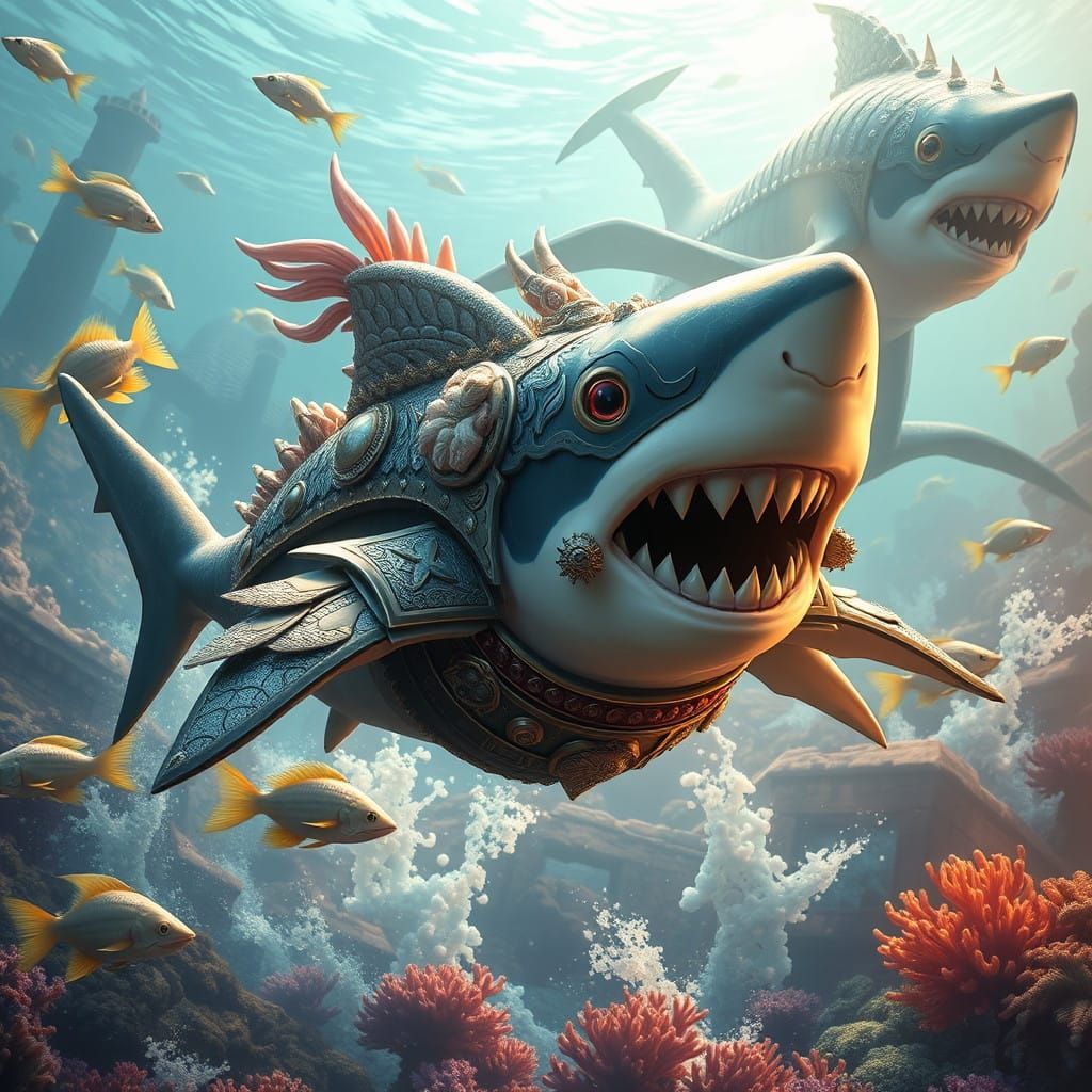 Fearsome Baby Shark Leads Underwater Charge in Warrior Armor