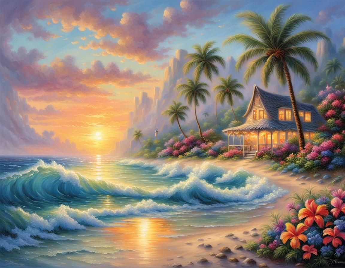 Tropical Beach Sunset in Ethereal Fantasy Style