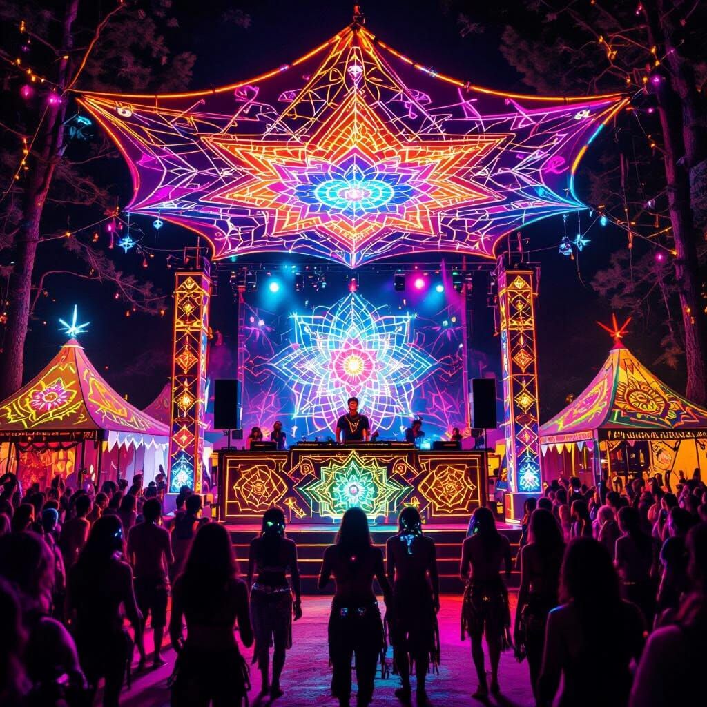 Psytrance Festival Nightlife: Neon Dance Floor & Sacred Geom...
