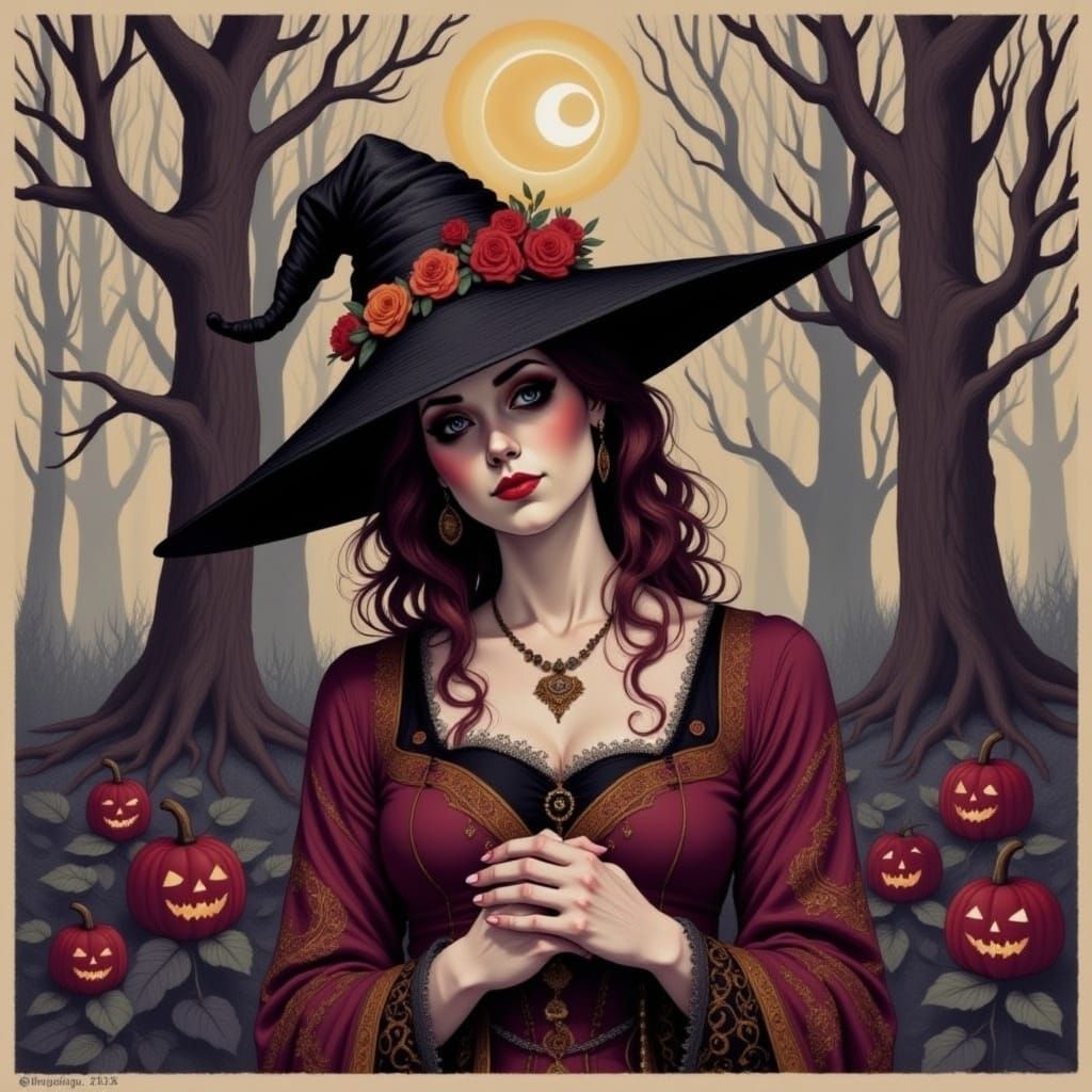 Mystic Woman in Psychedelic Halloween Dreamscape