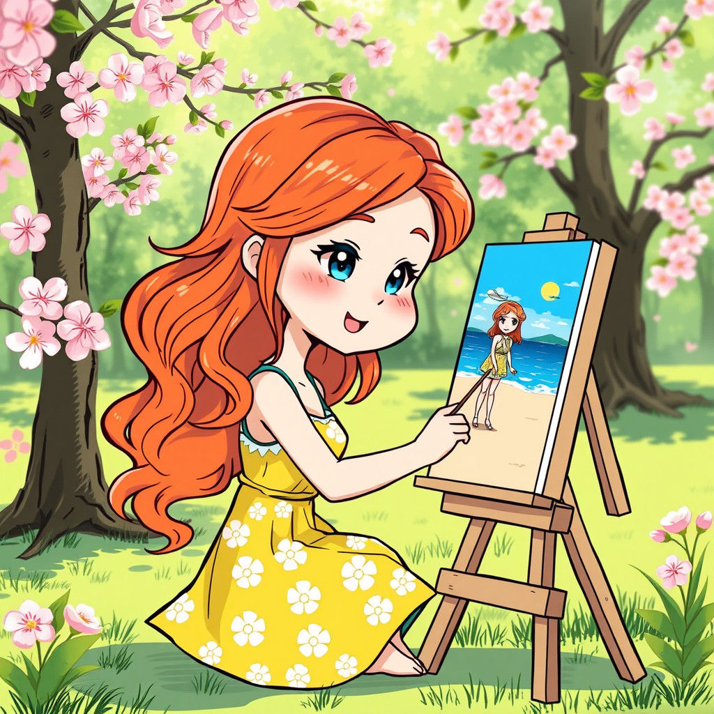 Chibi Woman Painting in Manga Style