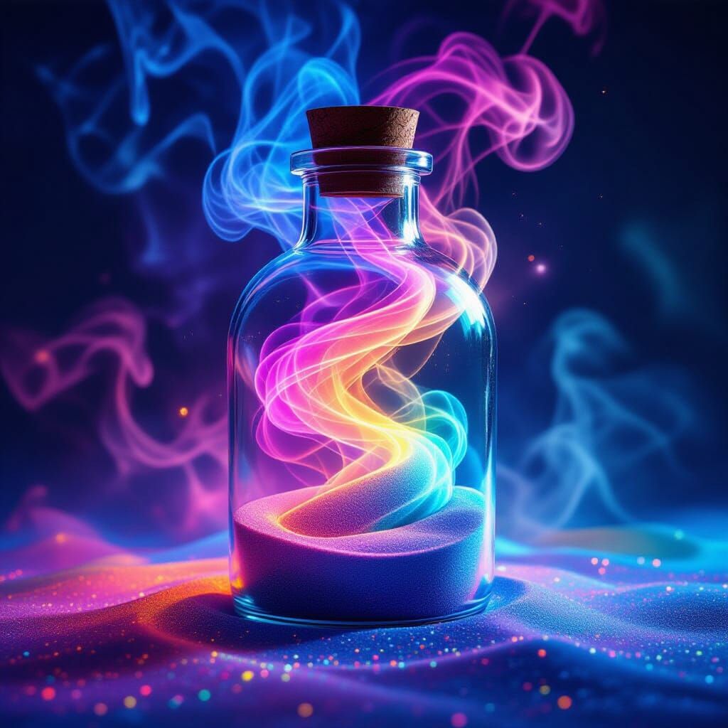 Colorful Smoke Swirling in Luminescent Sand Bottle