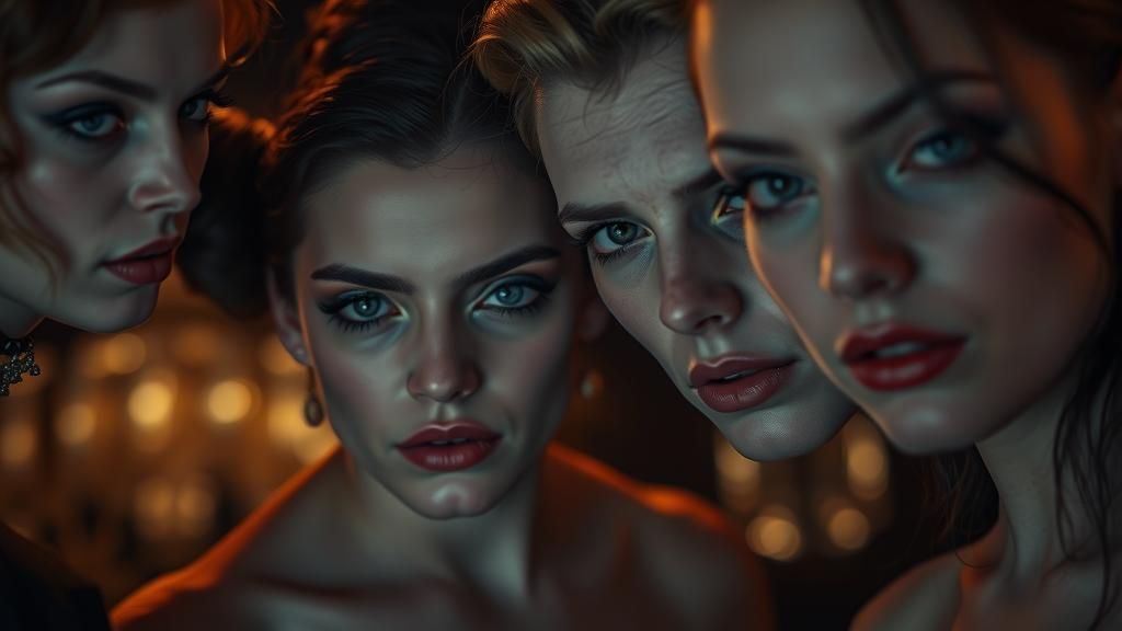 Vampire Women at Mystical Ball in Cinematic Bokeh