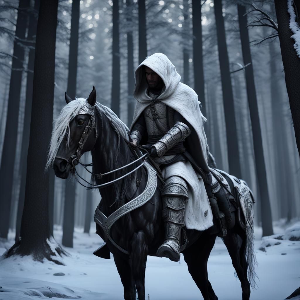 dark wood forest trees made of bone reflective at night creepy and scary 2 super detailed ninja warriors, male, fully ho...