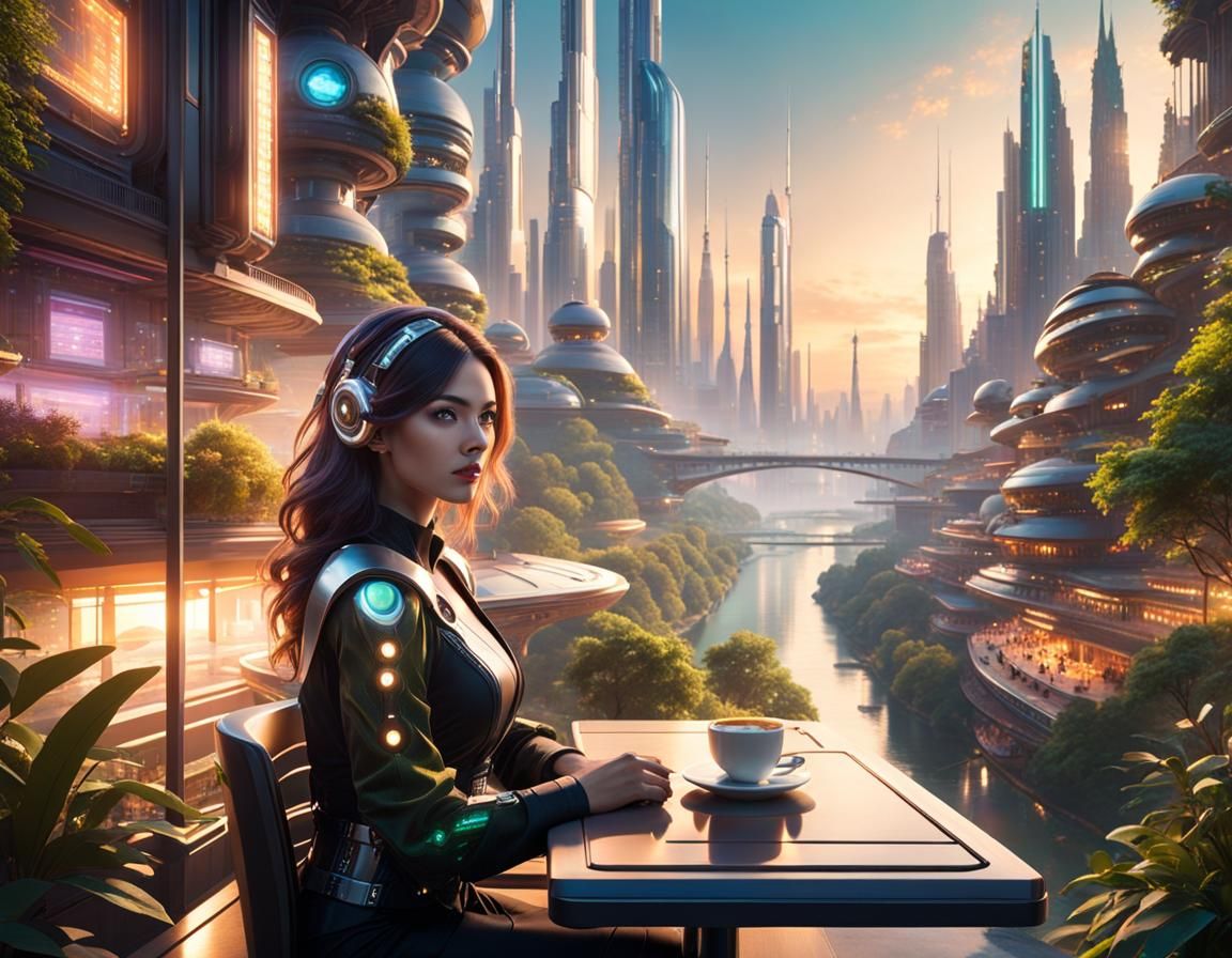 Cybernetic Woman in Utopian Cityscape
