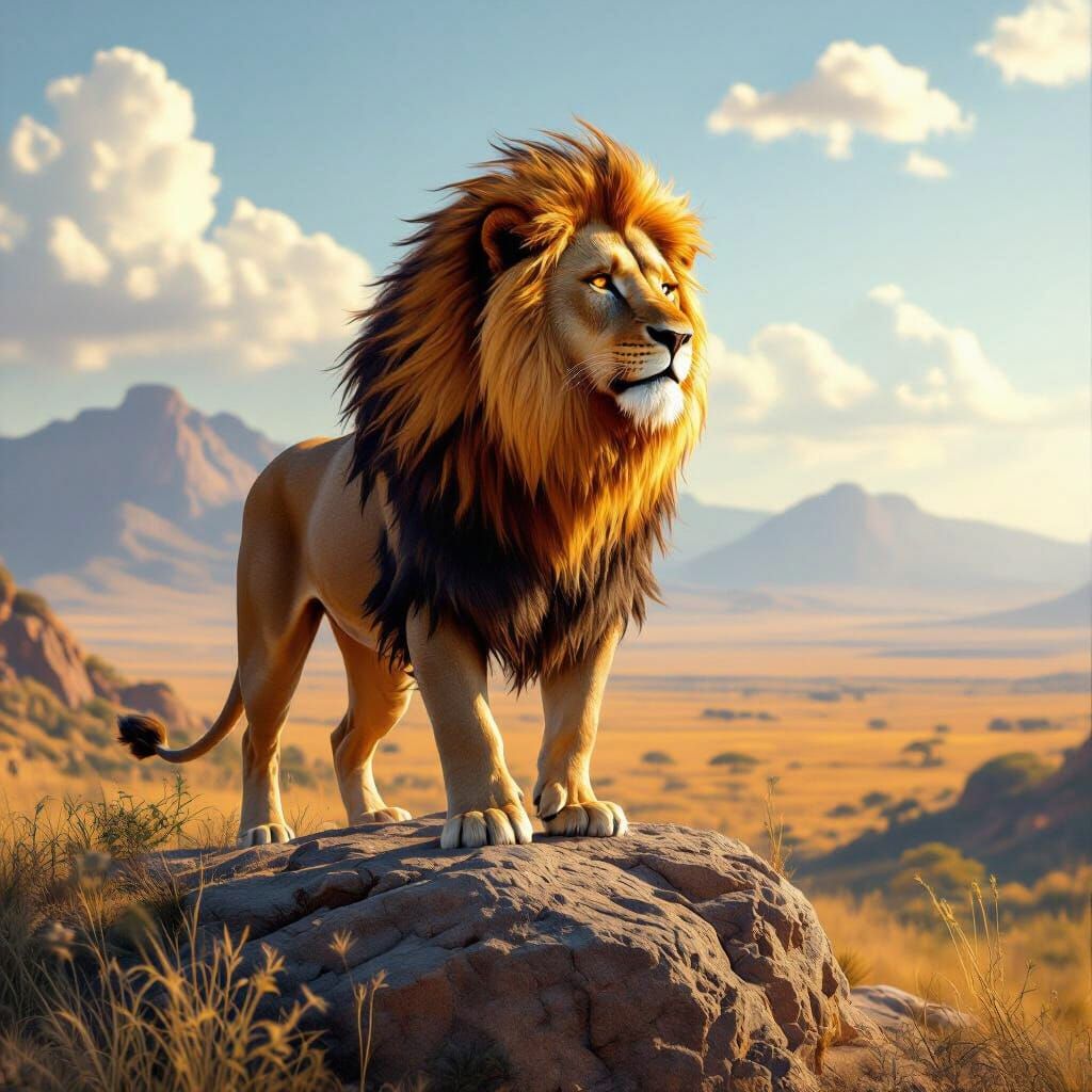 Lion with Fiery Mane on Savannah Crag