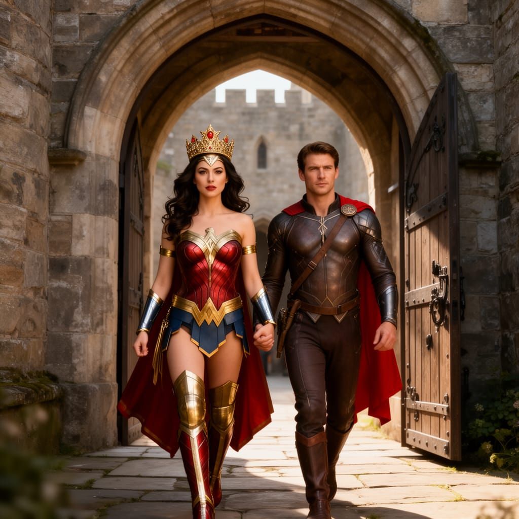 Wonder Woman & Steve Trevor Exit Castle in Gold and Red