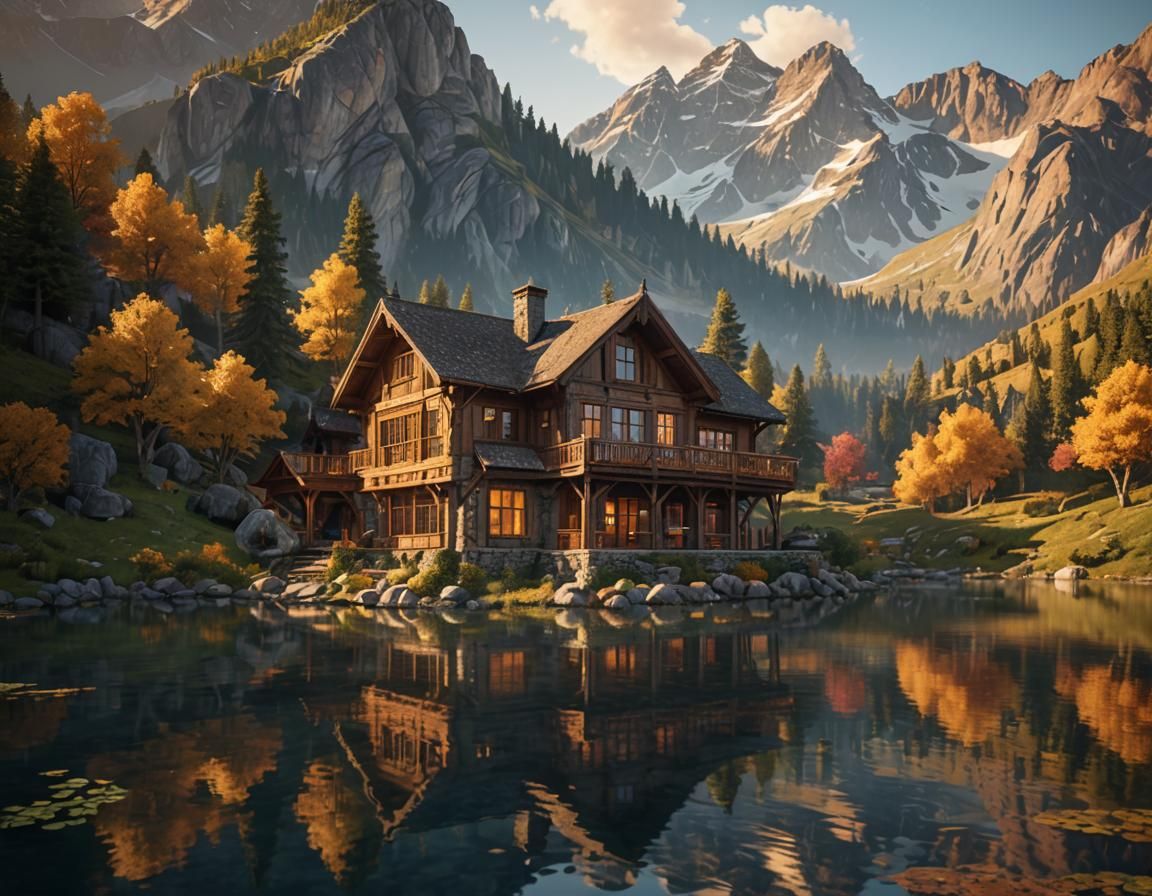 Majestic Rustic House by Lake at Golden Hour