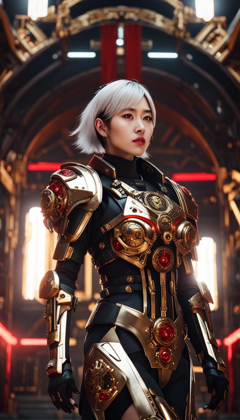 Korean Idol in Cyberpunk Armor with Saintly Halo