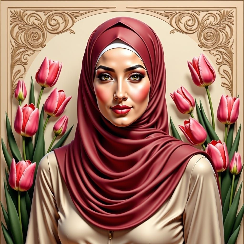 Elegant Hijabi Woman in Ornate Floral Setting