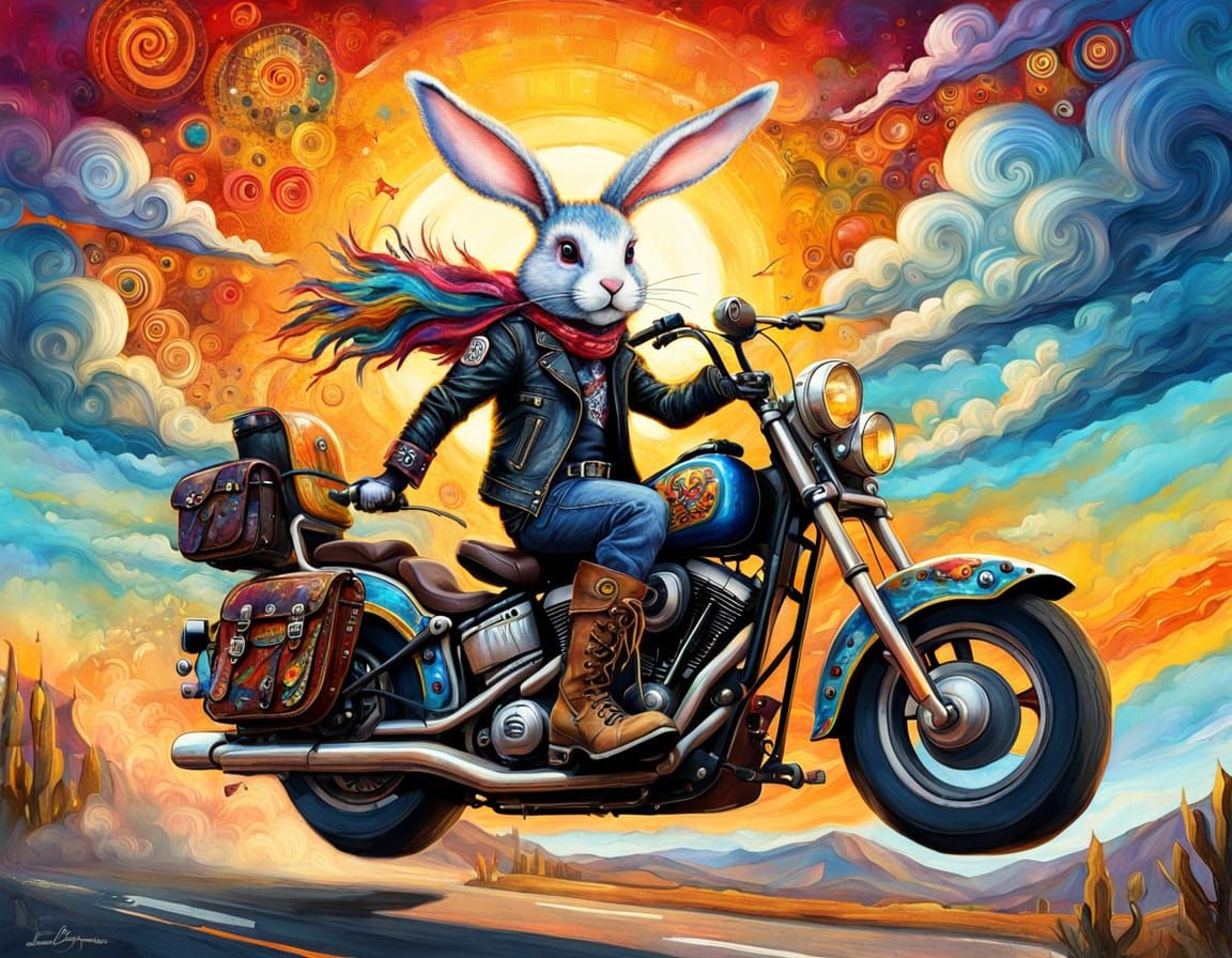 Bunny Rider on Harley into Sunset - Mixed Media Art