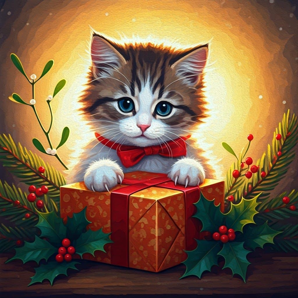 Christmas Kitten Unwrapping Gift with Sparkling Eyes