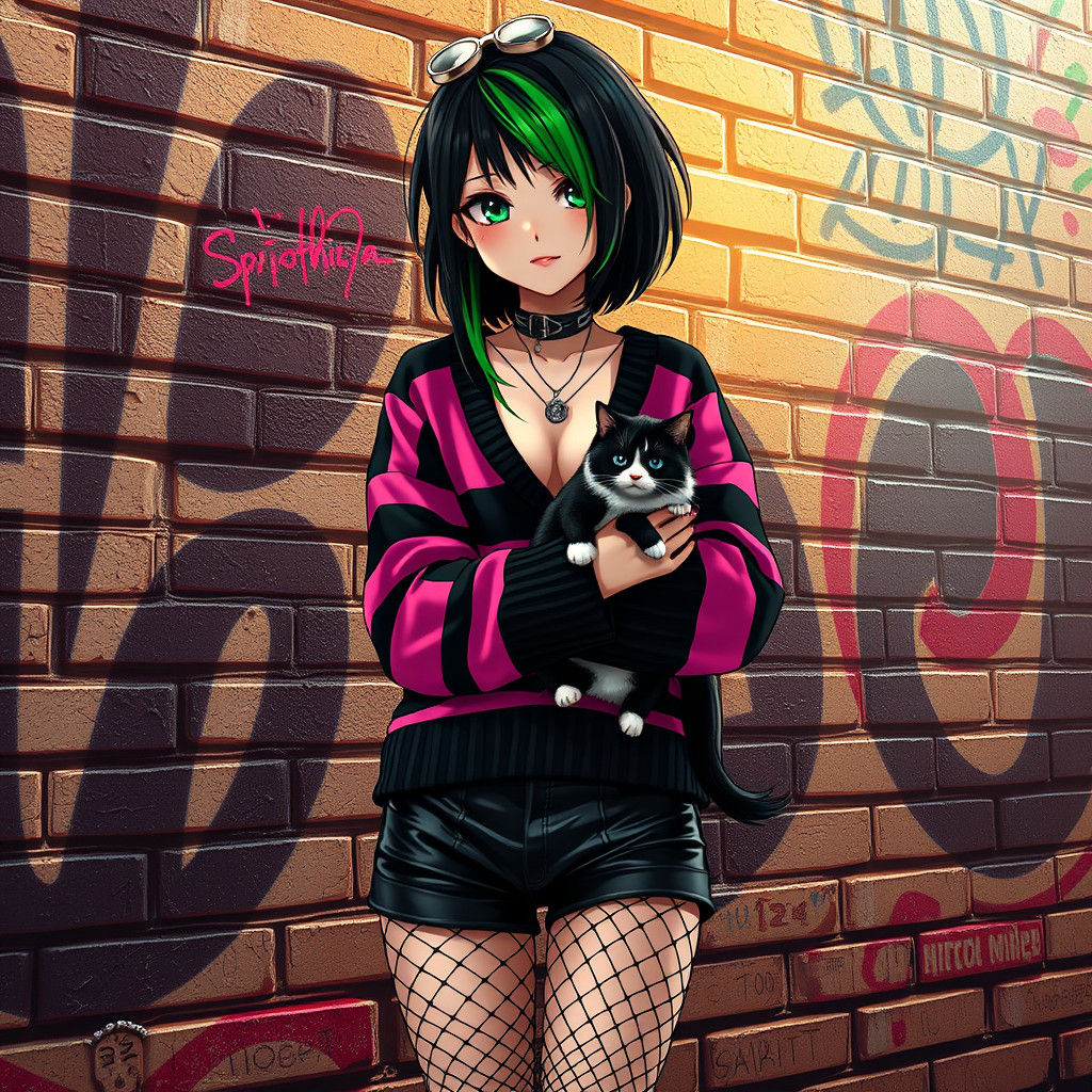 Anime Emo Girl with Cat in Graffiti Alley