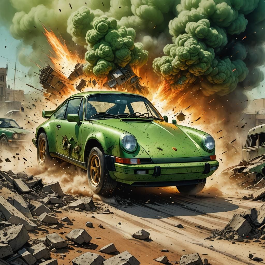 Porsche 911 Escapes Dust Explosion in Comic Book Style