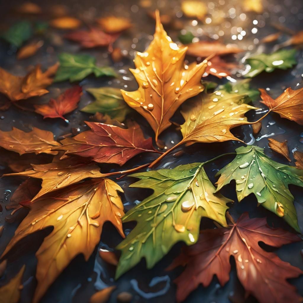 Hyperrealistic Rainswept Leaves in Splash Art Style