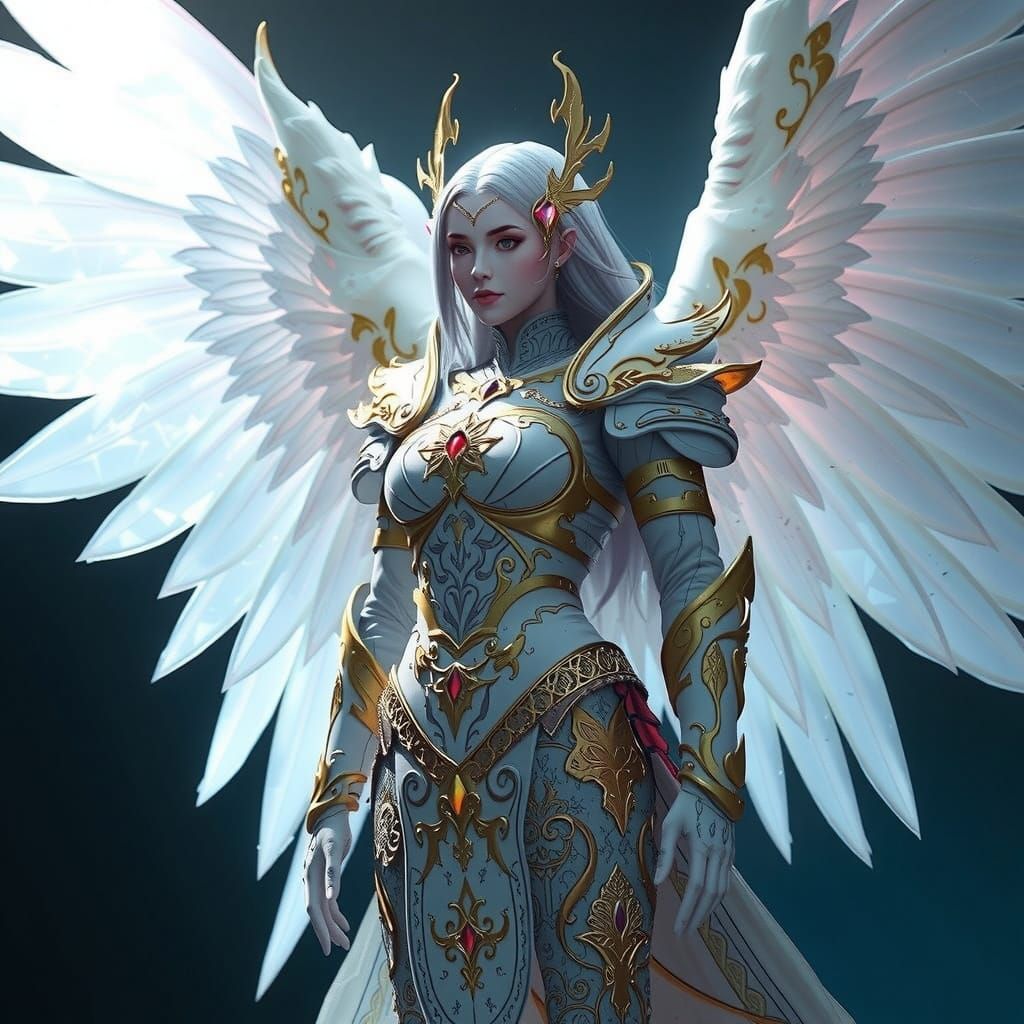 Ethereal Goddess in Opalescent Armor with Delicate Filigree