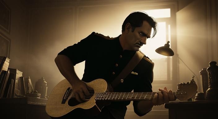 Inspector Albertson Plays Sitar: Cinematic Film Still