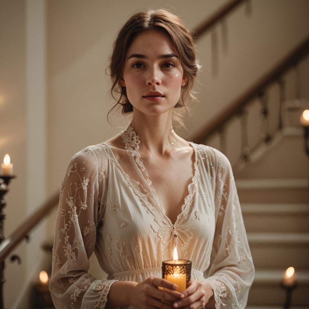 Candlelit Portrait of Woman Climbing Stairs