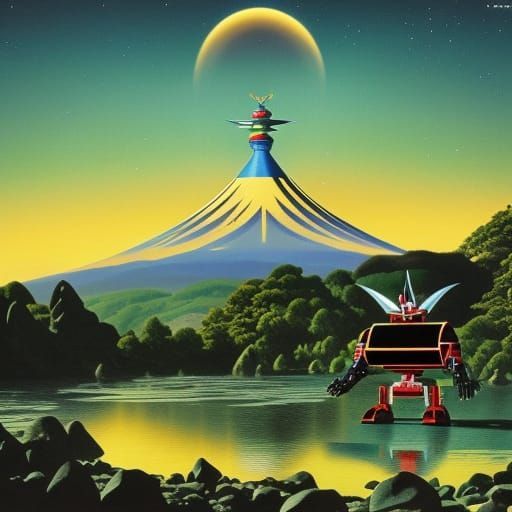 Astro Boy Mecha Over Mount Fuji Temple