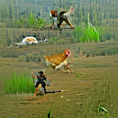 Hunter Pursuing Chicken in Outdoor Scene