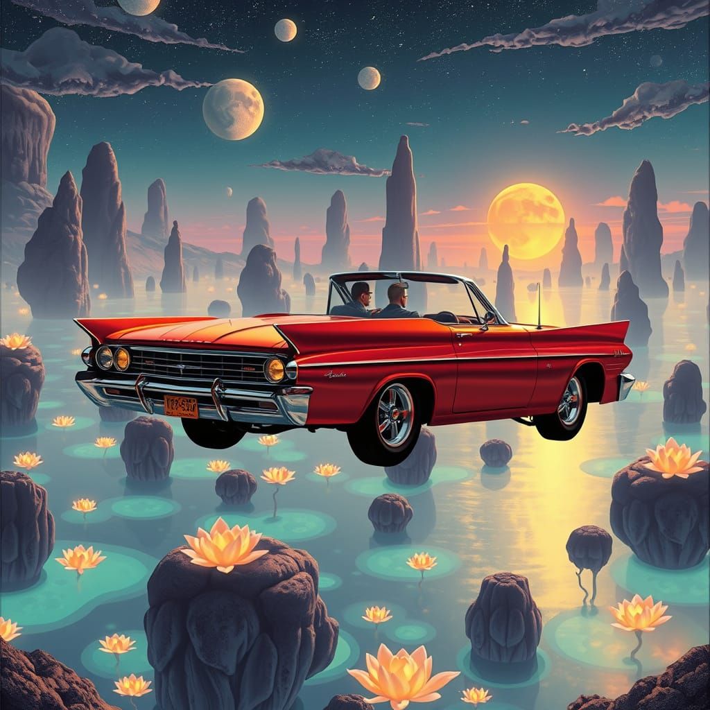 Classic Car in Dreamlike Bioluminescent Landscape