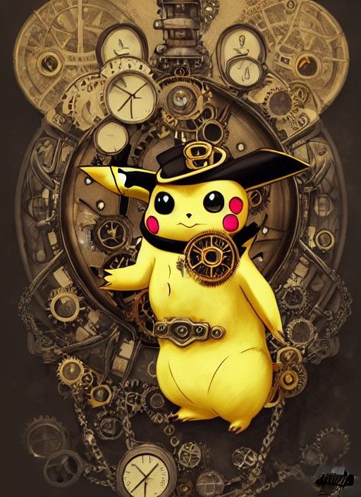 Steampunk Pikachu Portrait in Art Nouveau Style