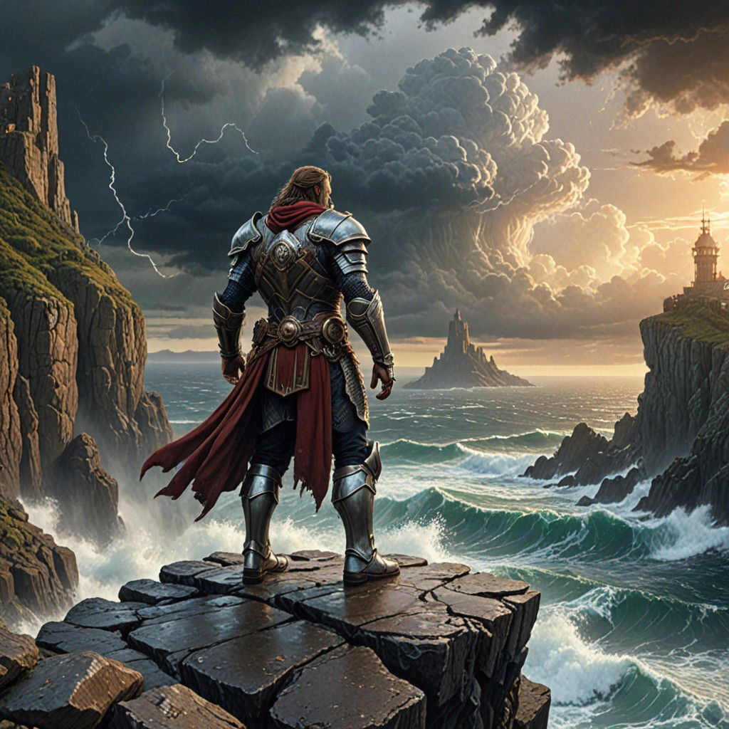 Epic Fantasy Hero in Storm-Battered Armor