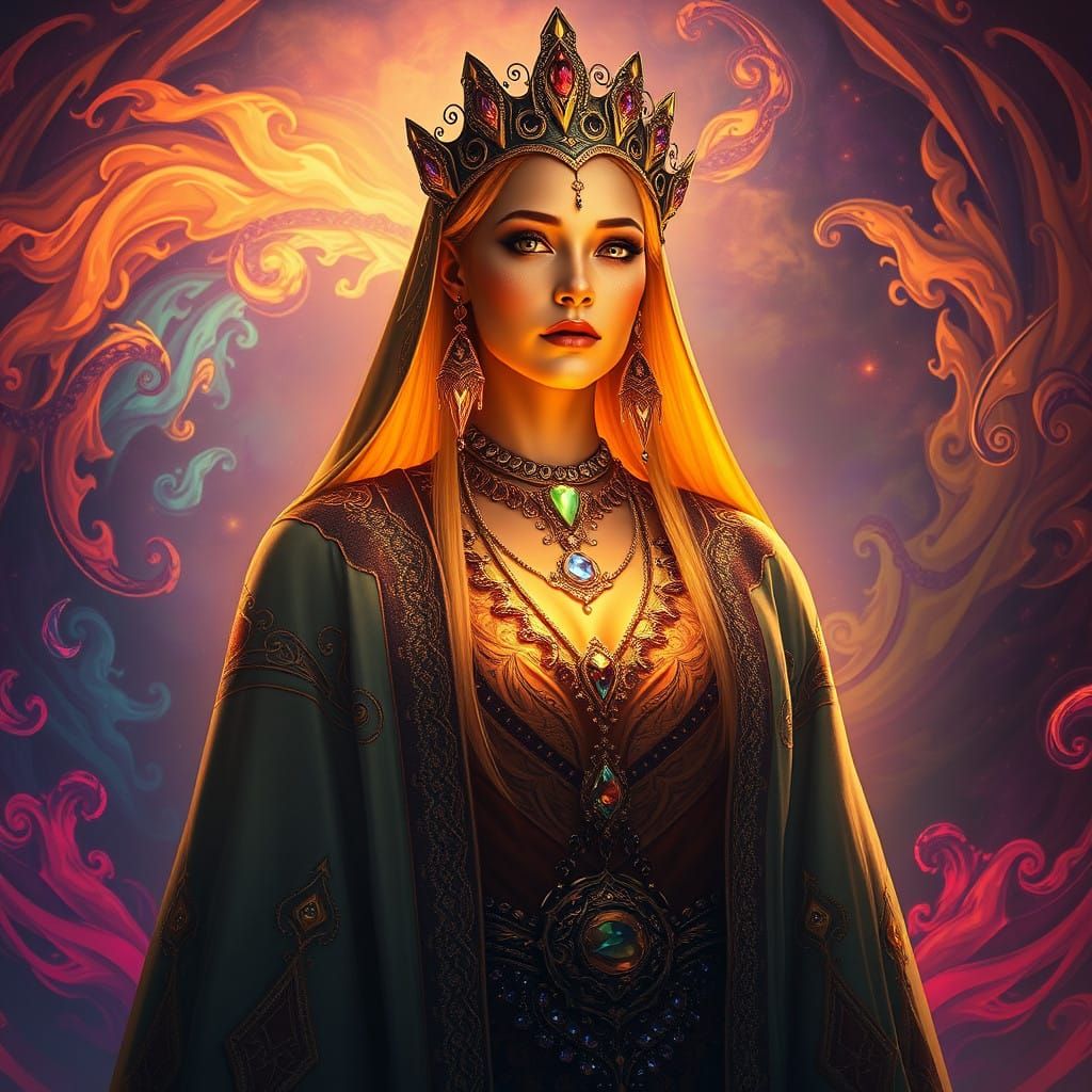 Ethereal Matriarch in Vibrant Mystic Landscape Art