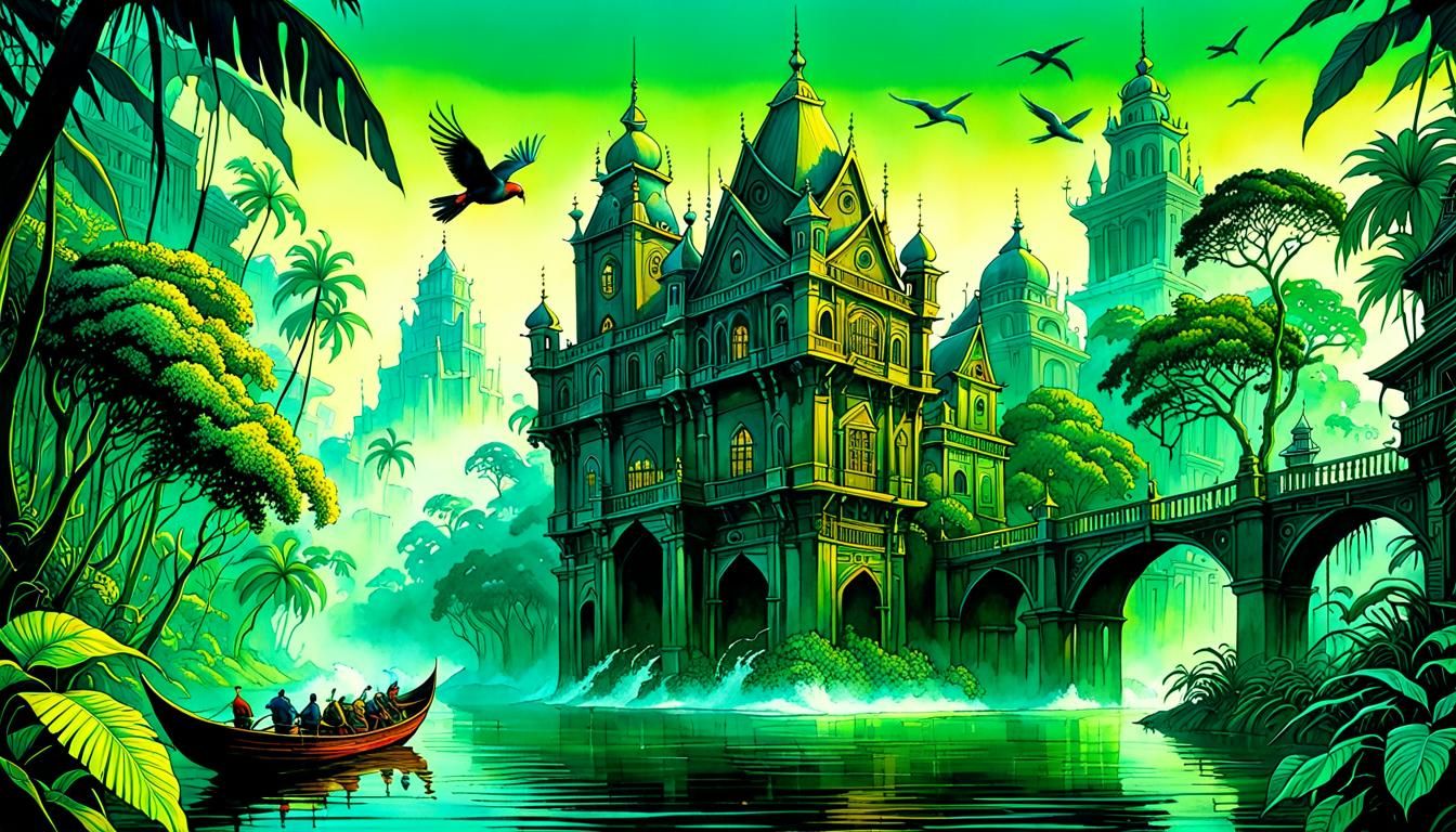 Underwater Kingdom with Birds, Watercolor Style