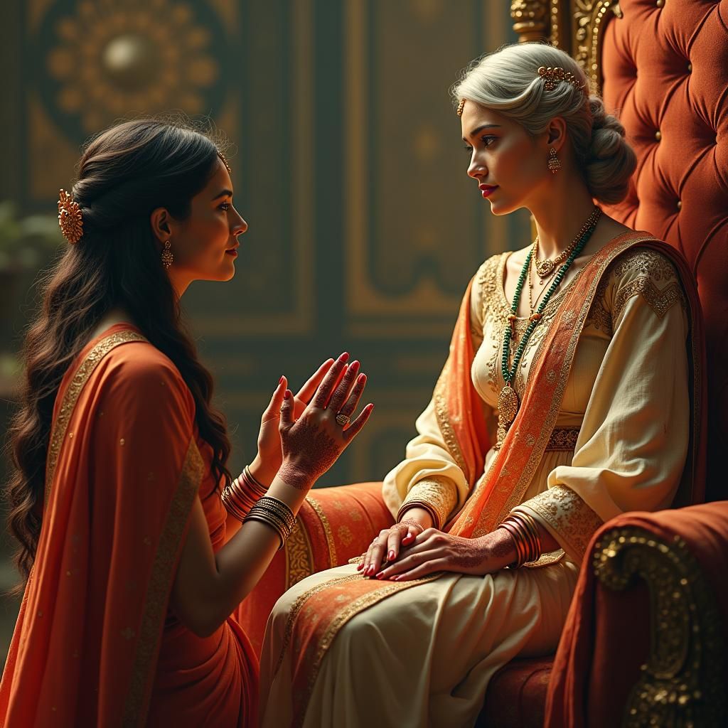 Indian Teacher Kneels Before Regal Woman: Art Nouveau