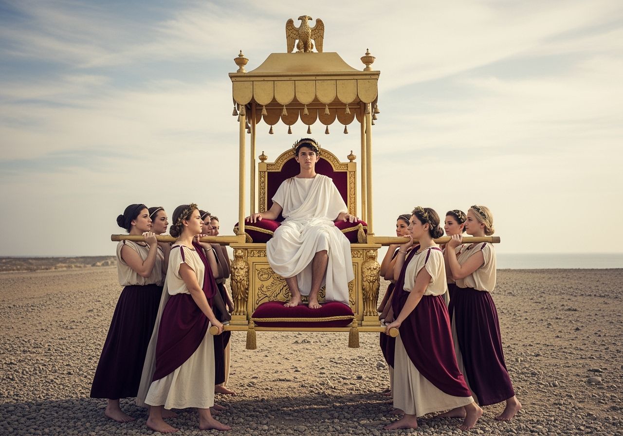 Young Emperor on Gold Throne with Servants, Professional Pho...