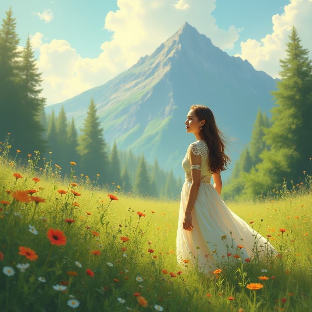 Serenely Standing in a Lush Green Meadow, Surrounded by Vibr...