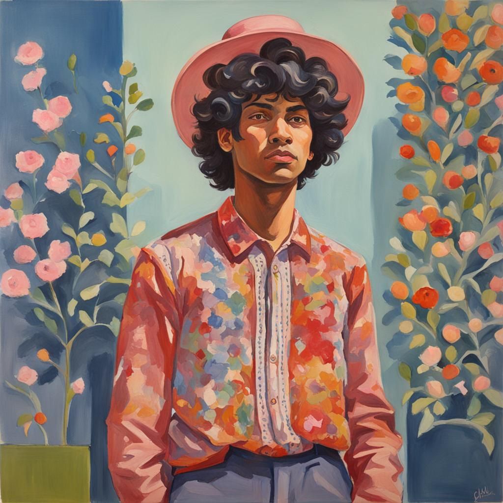 Young Man in Feminine Attire: Gouache Painting
