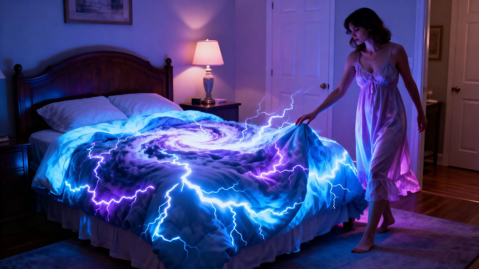 Woman Beside Thunder and Electricity Bed