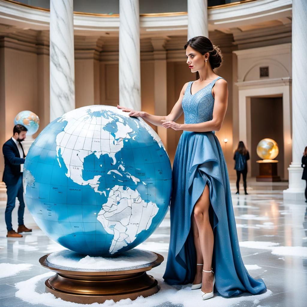 Greek Woman and Snowy Globe in Museum