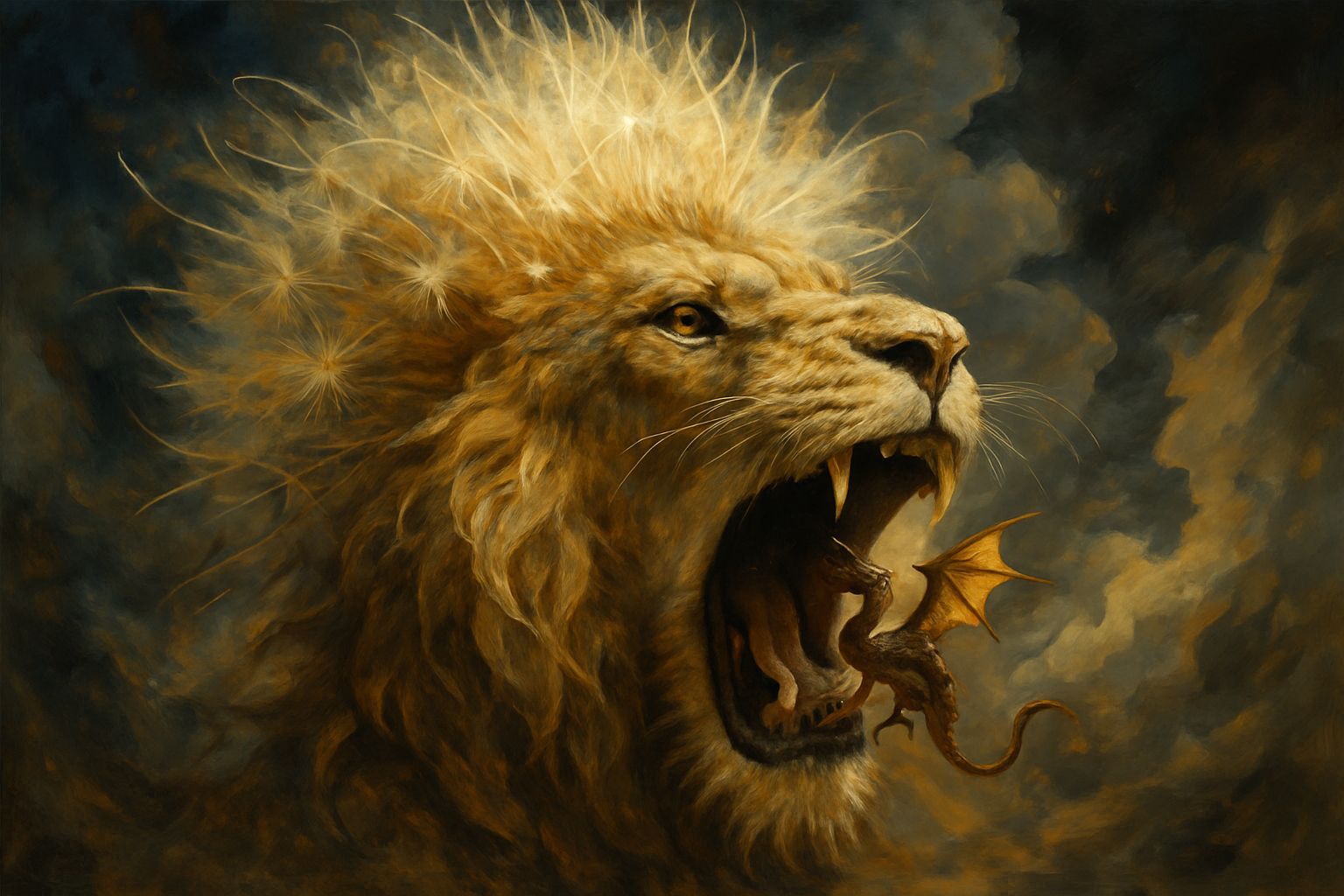 Giant Dandelion with Dragon: Surreal Abstract Painting