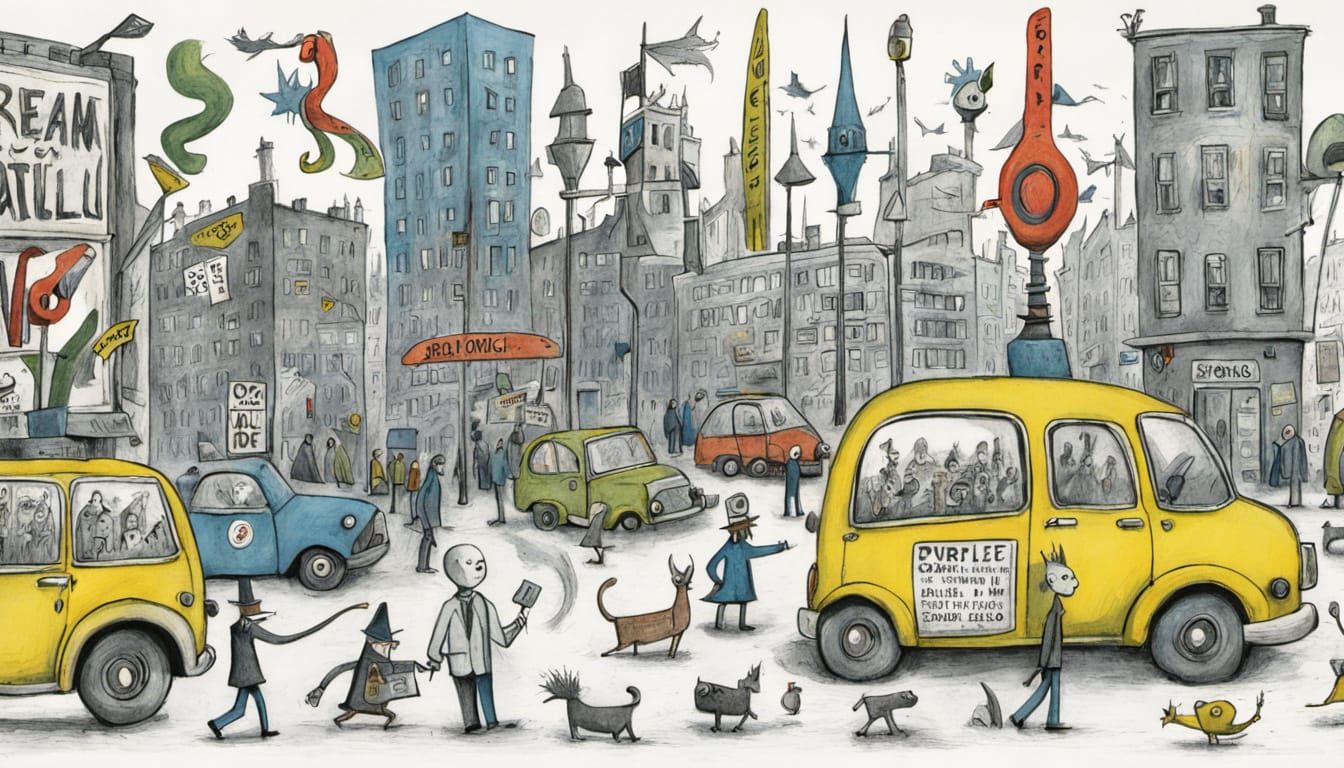 Surreal Urban Scene in Cartoon Style