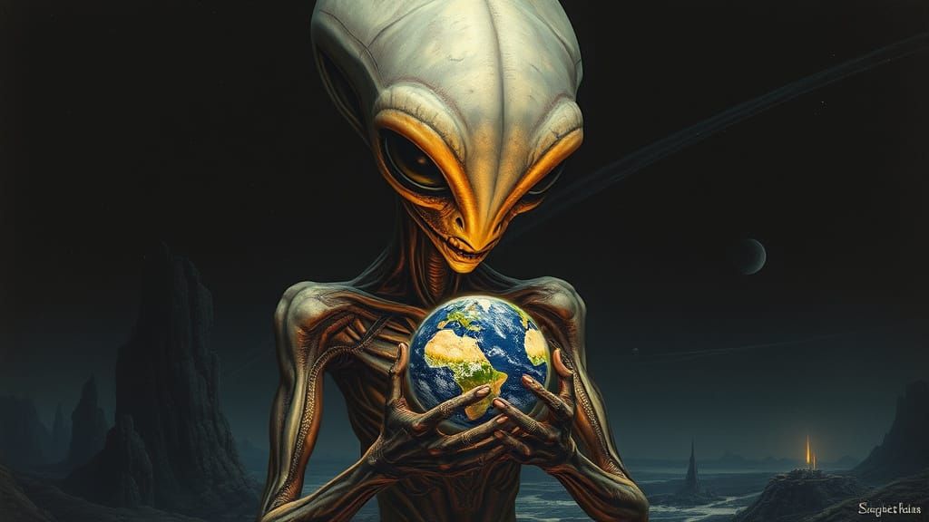 Mystical Alien Holding Earth: Surreal Futuristic Art