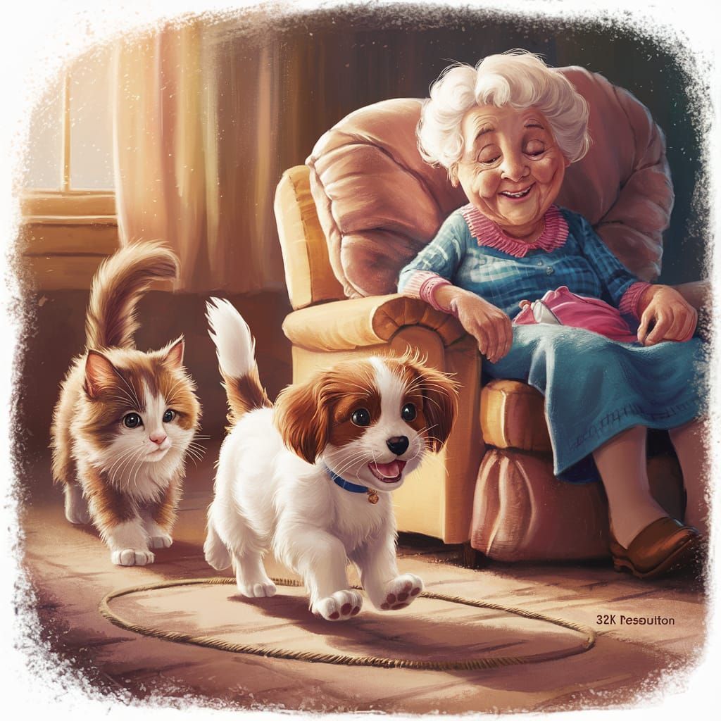 Airbrush Illustration: Puppy, Cat, and Grandma