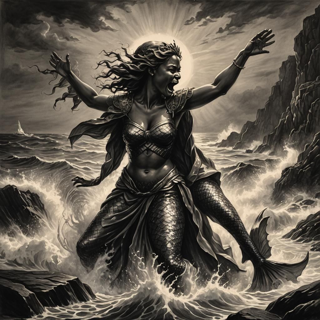 Dramatic Charcoal Drawing: Othello Confronts a Mermaid