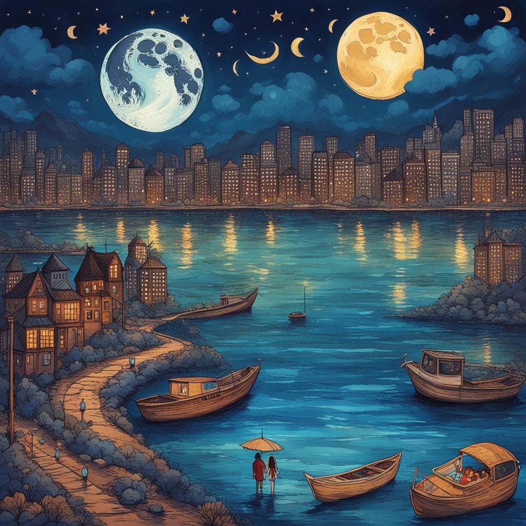 Romantic Hippie Couple Under Moonlight Cityscape