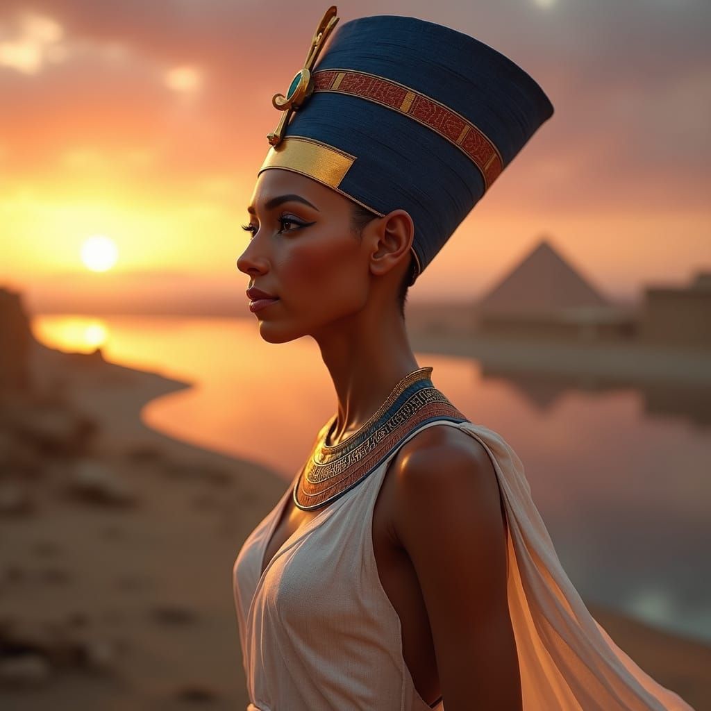 Ancient Egyptian Queen Nefertiti in Dramatic Sunset