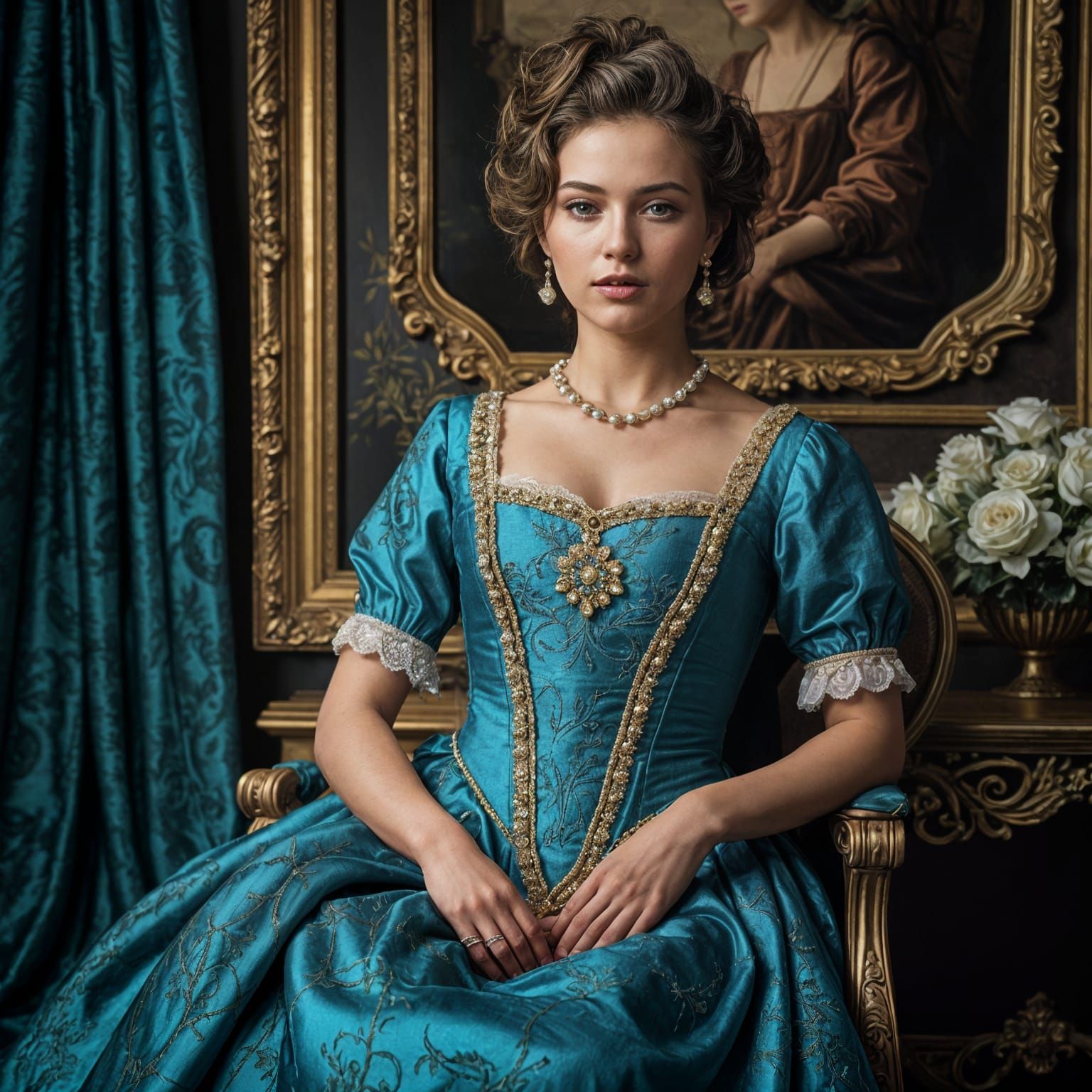 Elegant Lady in Baroque Attire with Rich Chestnut Hair