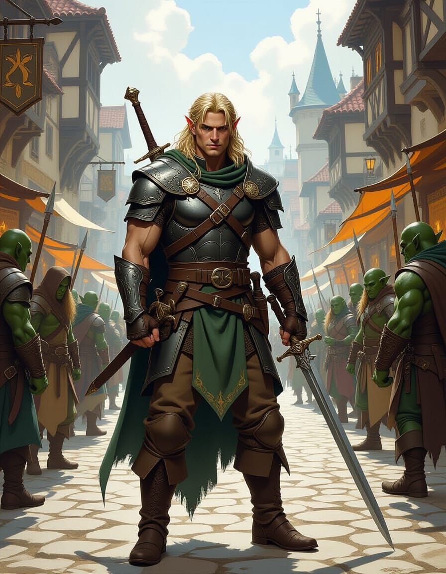 Elven Warrior Defends Town Square Against Monsters