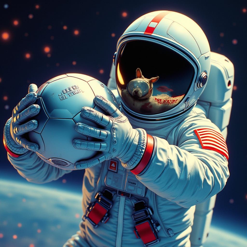 Astronaut Grasping Soccer Ball in Galaxy