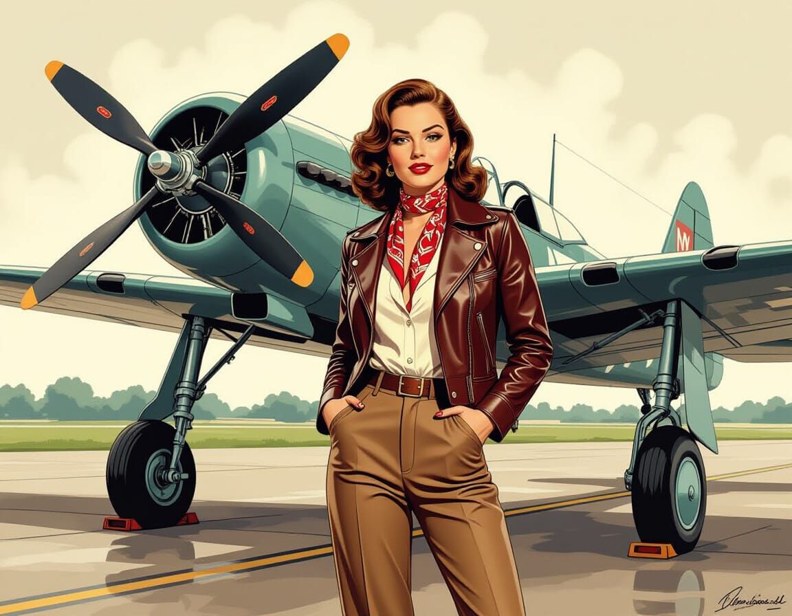Glamorous Woman with Fighter Plane in Comic Art Style