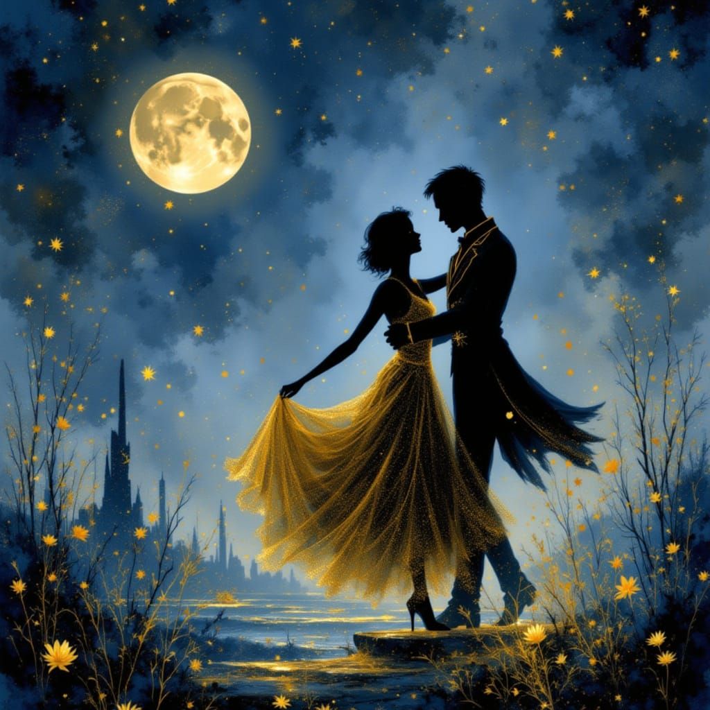 Couple Waltzing Under Moonlight on Abandoned Quay