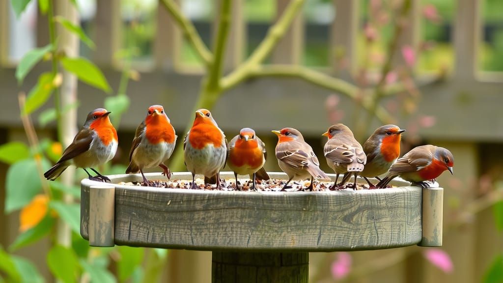 A Garden Bird Table with lots of Robins