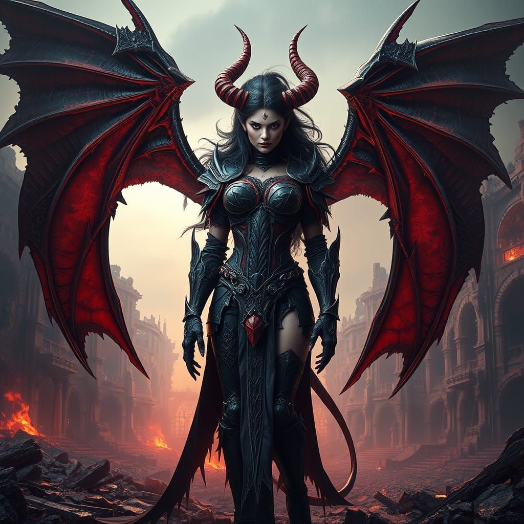 Gothic Demoness in Dark, Metallic Armor Stands Amidst Ancien...